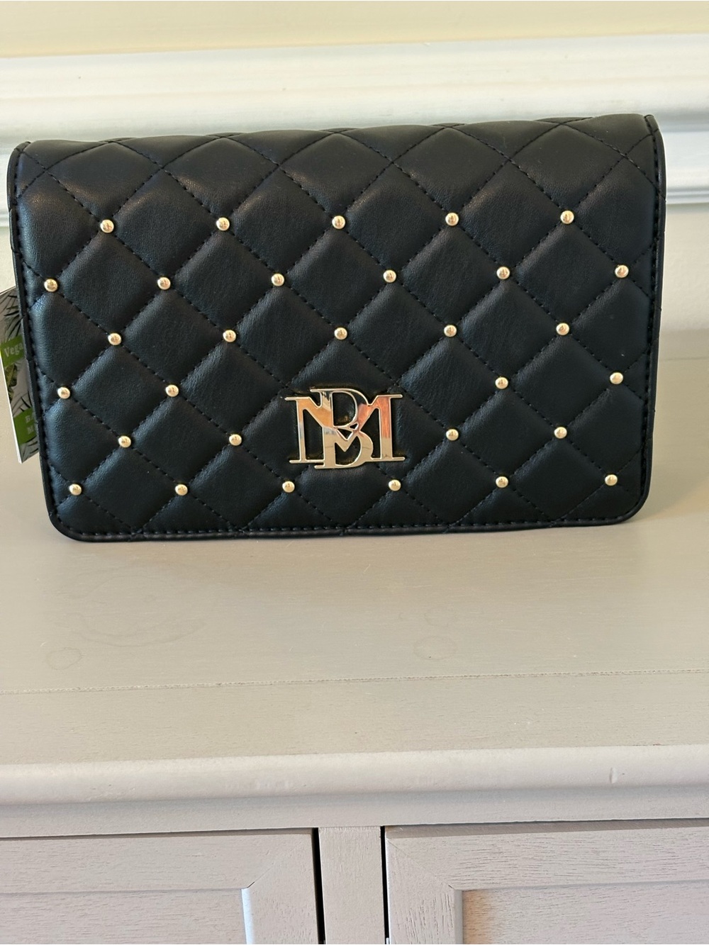 Badgleyw Mischka Black Quilted Shoulder Bag with Gold Logo and Studs